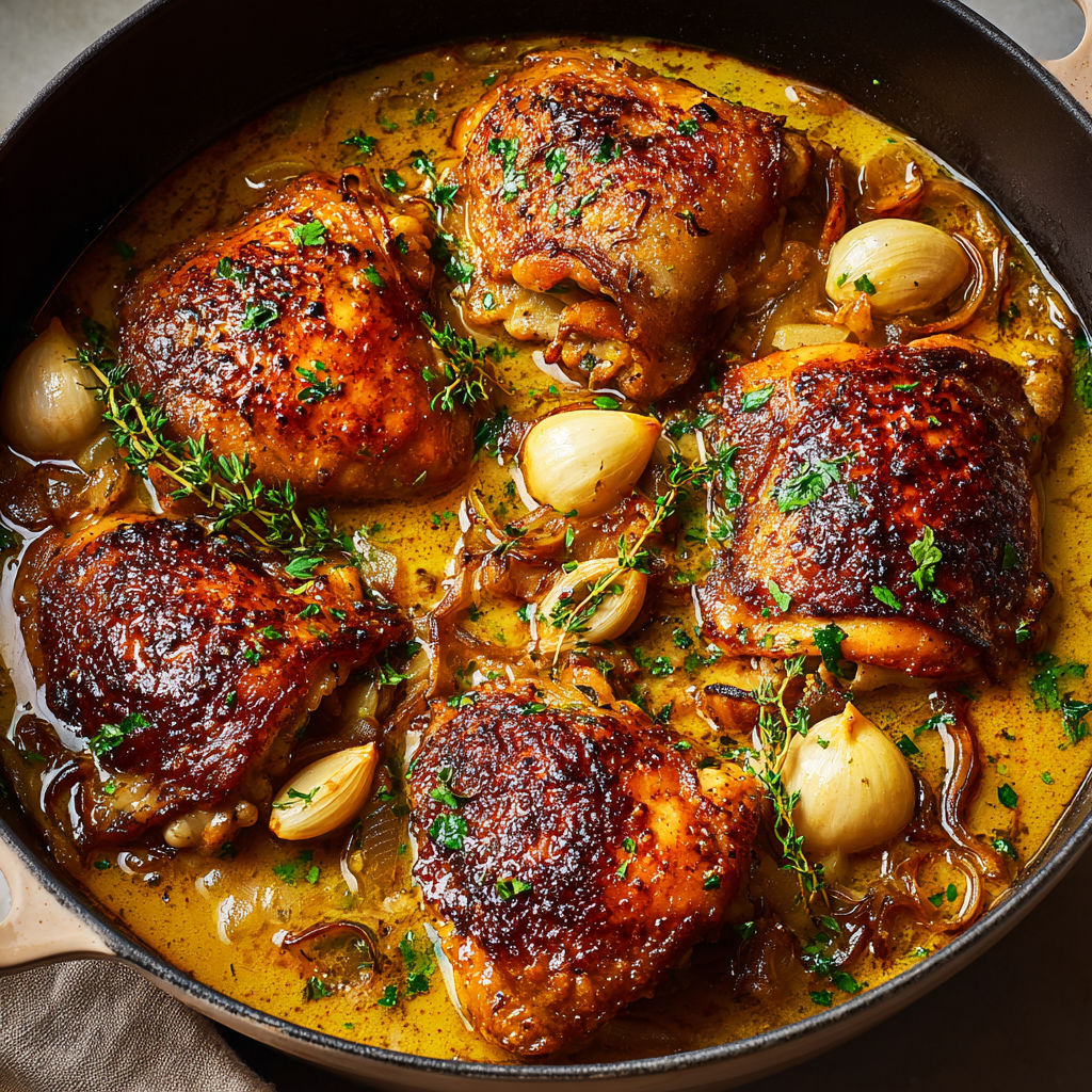 Poulet cuit doucement avec de l'érable, de l'ail et du vin blanc dans un plat.
