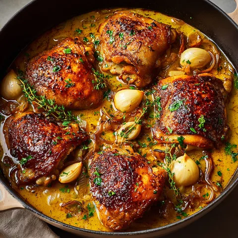 Poulet cuit doucement avec de l'érable, de l'ail et du vin blanc dans un plat.
