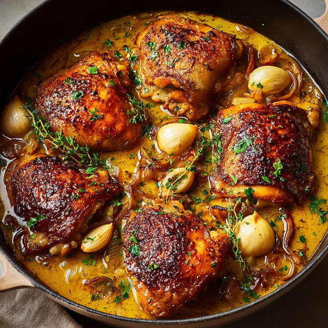 Poulet cuit doucement avec de l'érable, de l'ail et du vin blanc dans un plat.