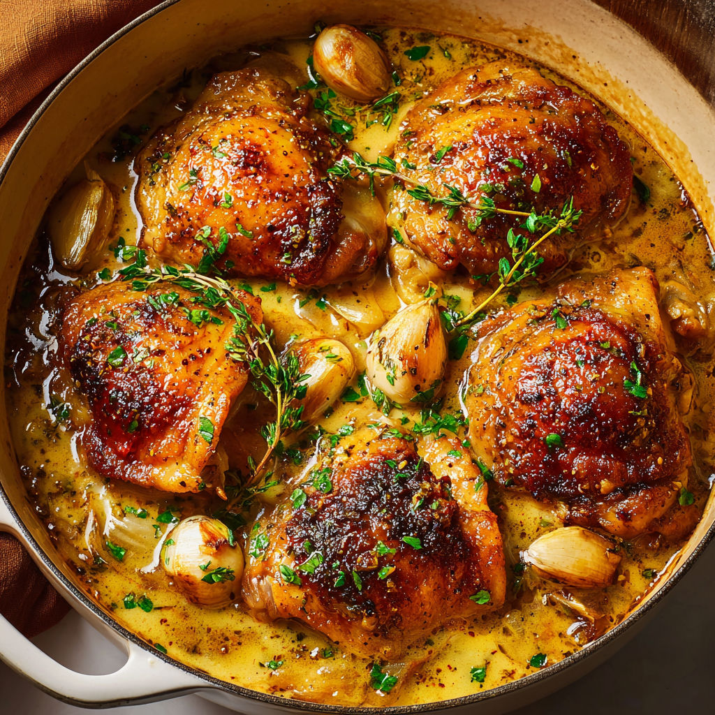 Cuisses de poulet nappées de sauce à l’érable, ail fondant, vin blanc.