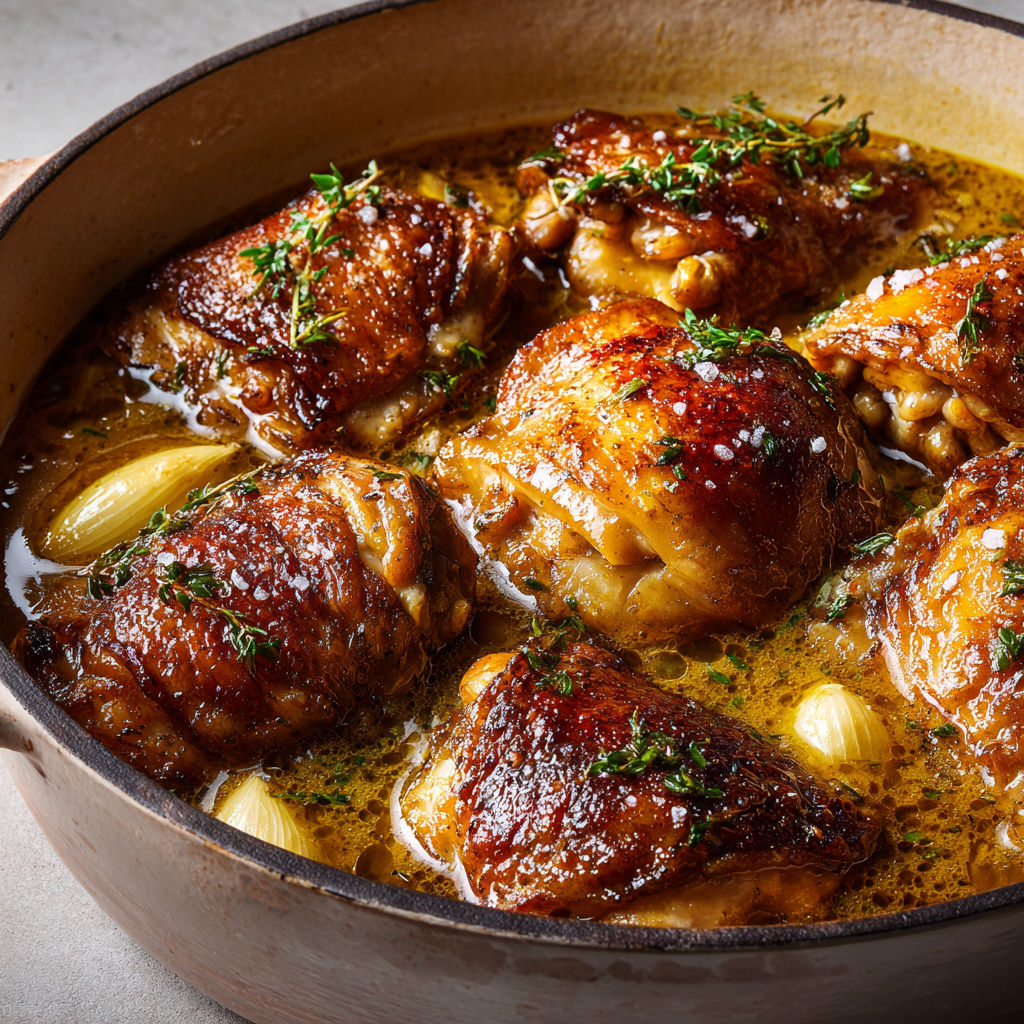 Poulet mijoté doucement à l’érable, moutarde et vin blanc.