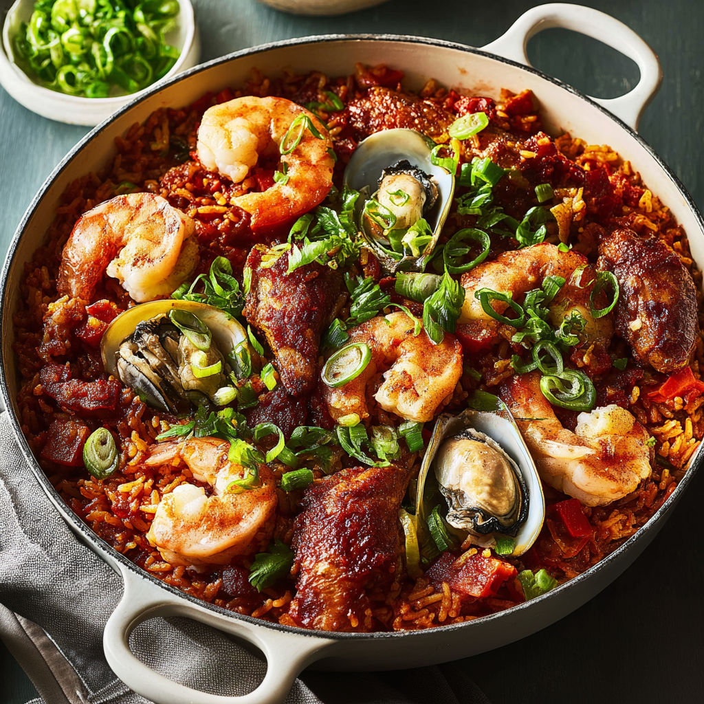 Grande poêle aux saveurs cajun: riz parfumé, crevettes et poulet