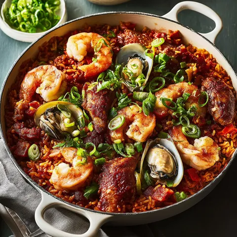 Grande poêle aux saveurs cajun: riz parfumé, crevettes et poulet