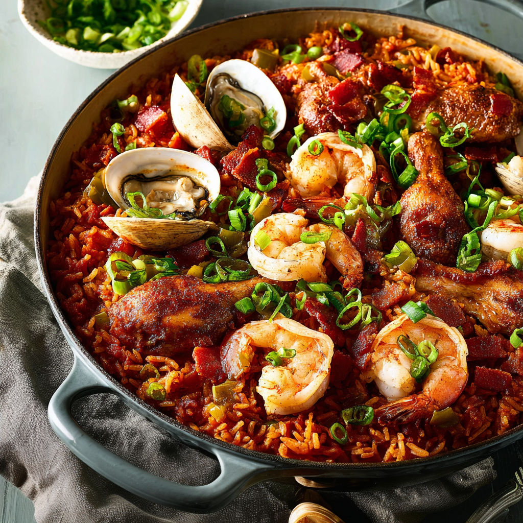 Jambalaya cajun aux crevettes, poulet croustillant et lard fumé.