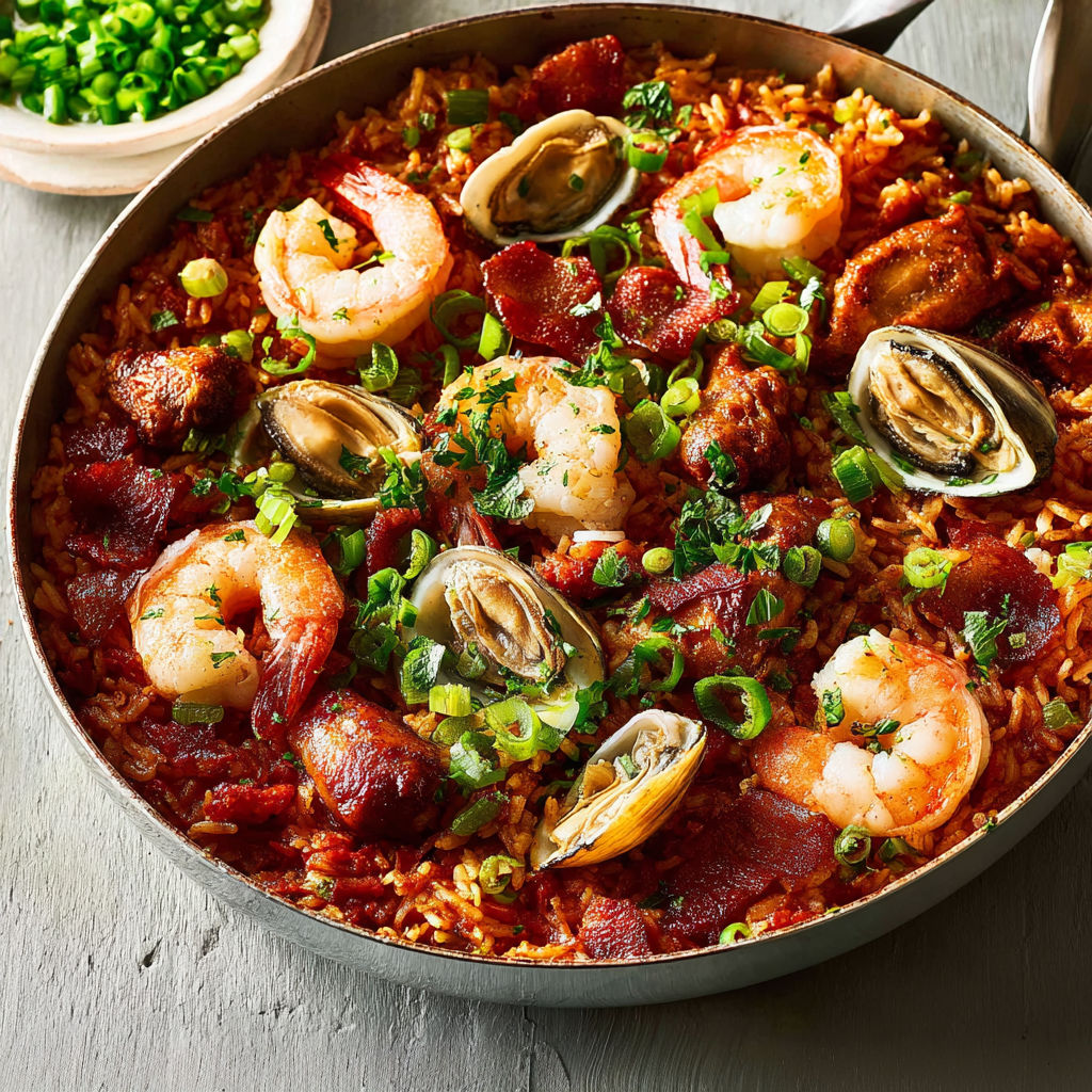 Riz jambalaya épicé façon Louisiane avec fruits de mer et légumes fondants.