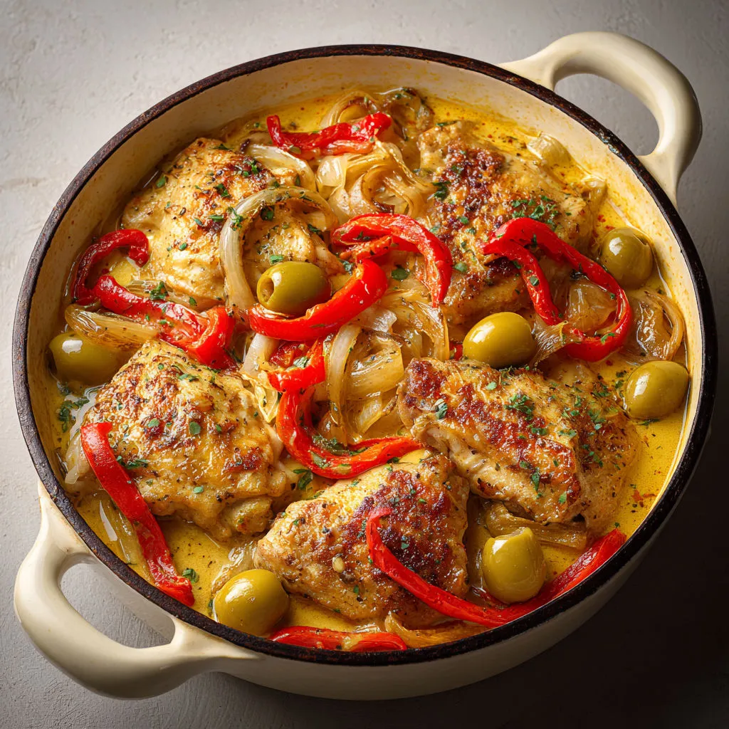 Un plat de poulet accompagné d'olives et de poivrons grillés.