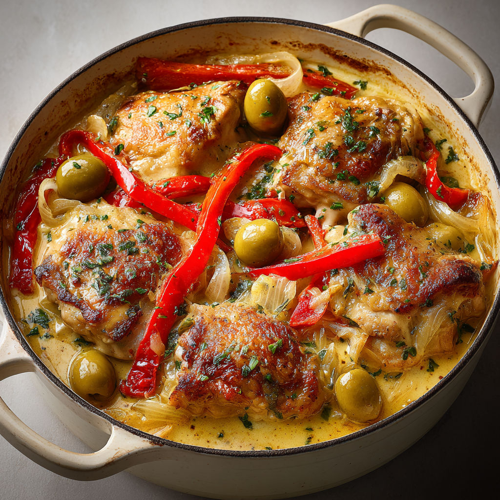 Poulet fondant aux olives et poivrons grillés façon mijoteuse, sauce à la moutarde.