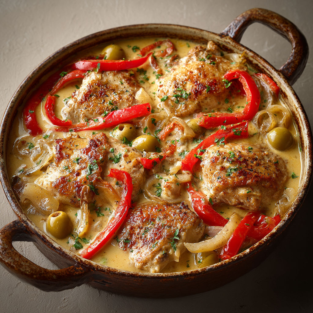 Blancs de poulet tendres mijotés, olives et poivrons dans une sauce onctueuse.