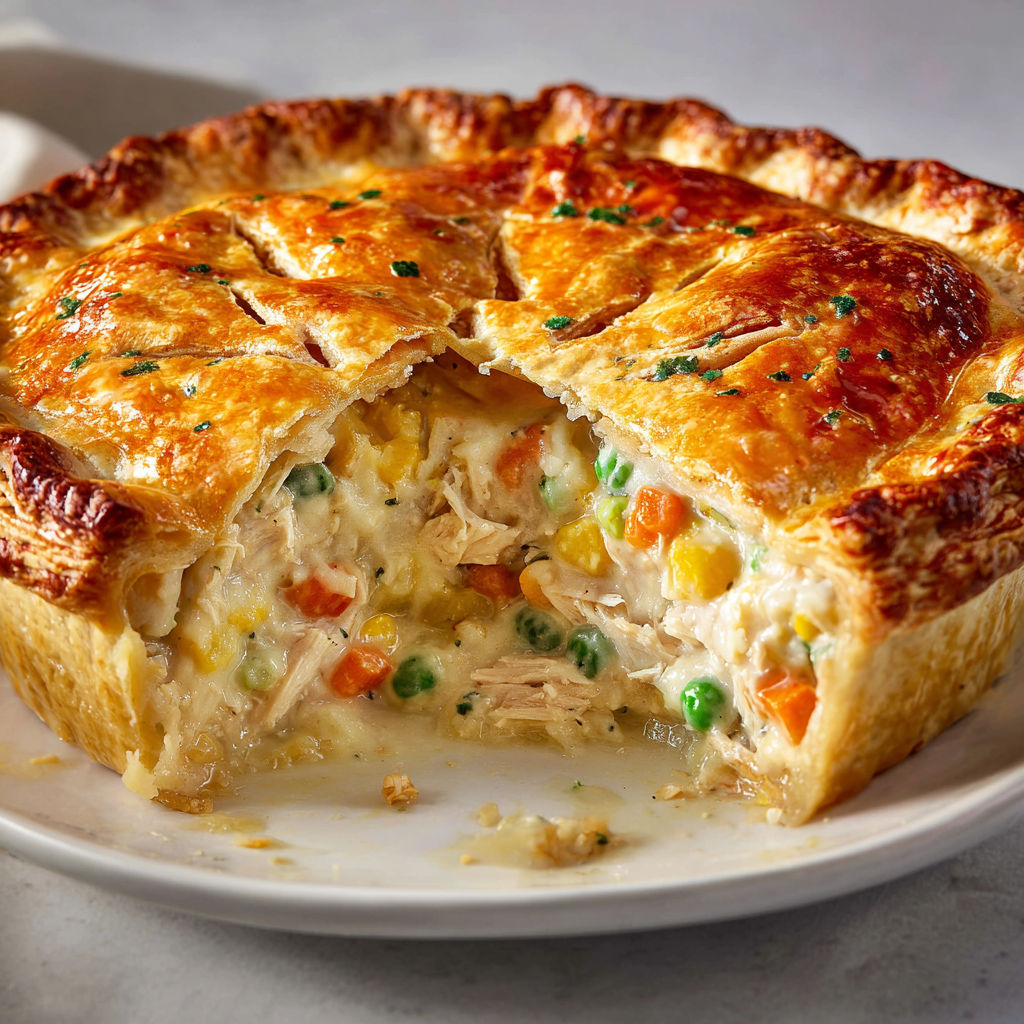 Tourte au poulet maison bien dorée, garnie de sauce délicate et de légumes fondants.
