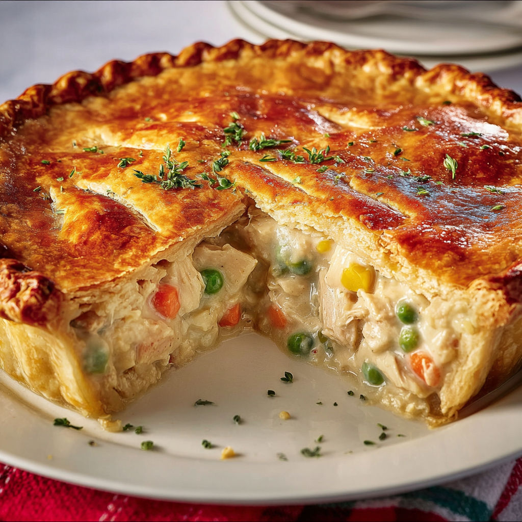 Tourte poulet traditionnelle en croûte dorée, farcie de sauce aux légumes et poulet tout tendre.