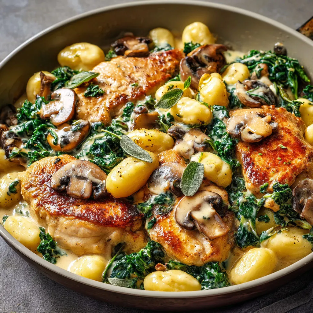 Poulet servi avec gnocchis moelleux et kale sous une sauce aux champignons riche et crémeuse.