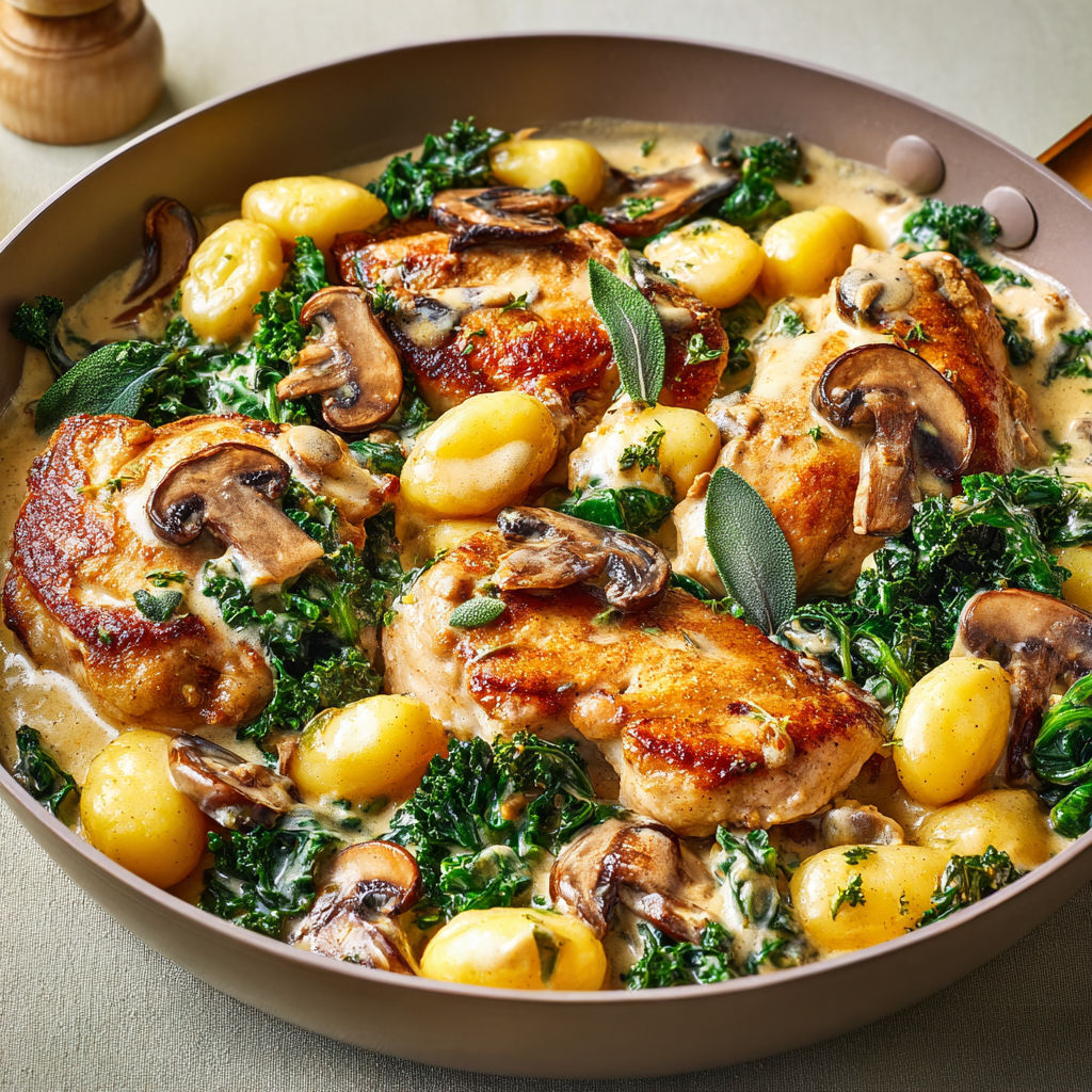 Poulet, champignons, gnocchis moelleux et kale, sauce crémeuse au vin blanc.