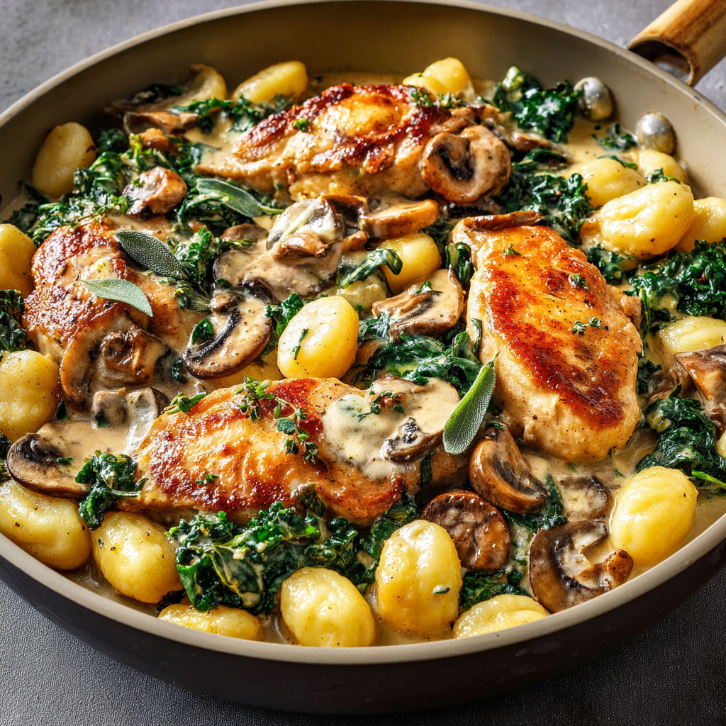 Gnocchis, poulet poêlé, kale fondant, sauce crémeuse aux champignons et sauge.