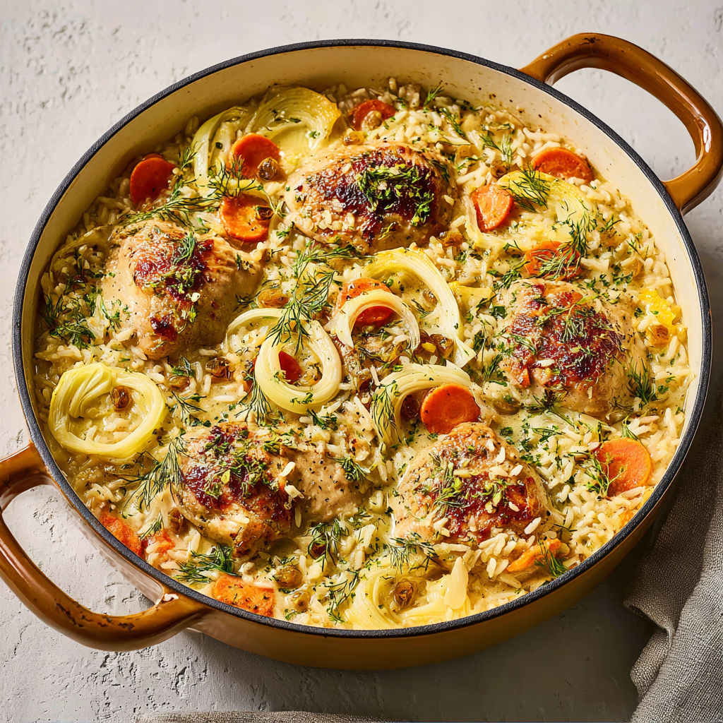 Délice de poulet mijoté avec riz brun et fenouil.
