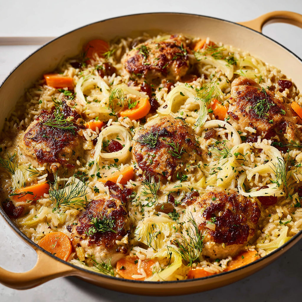 Poulet fondant avec riz complet, légumes et raisins. Un gratin généreux au fenouil.