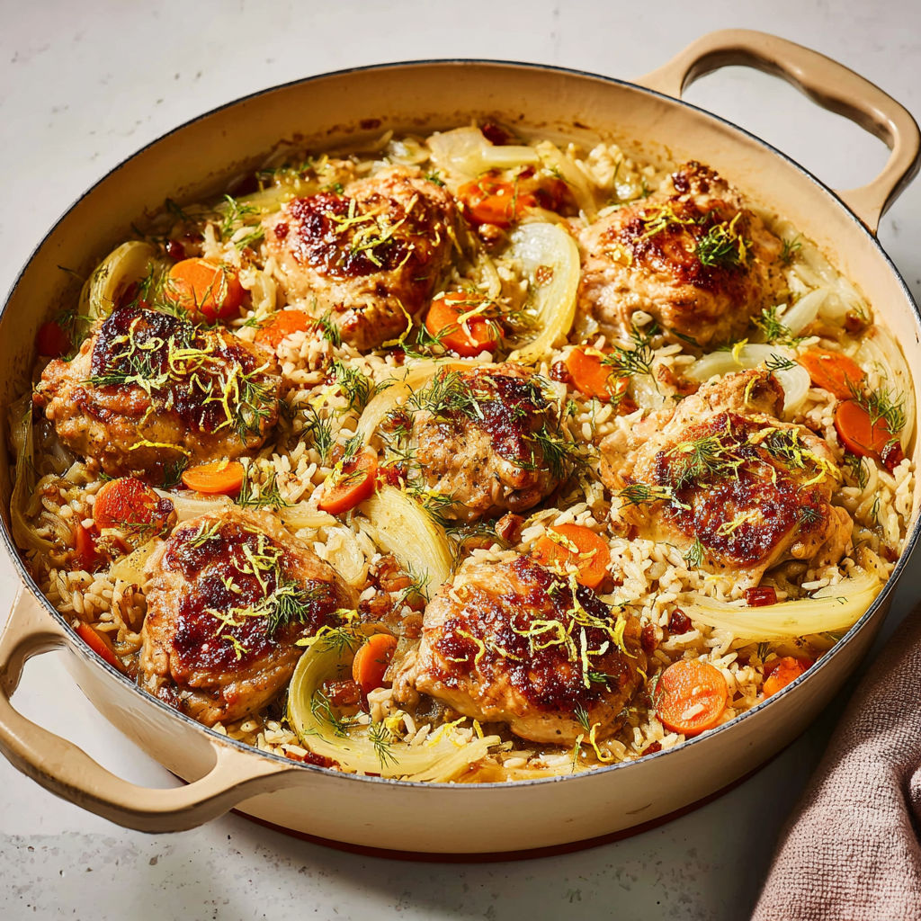 Gratin santé de poulet au riz complet, fenouil fondant et parmesan citron.