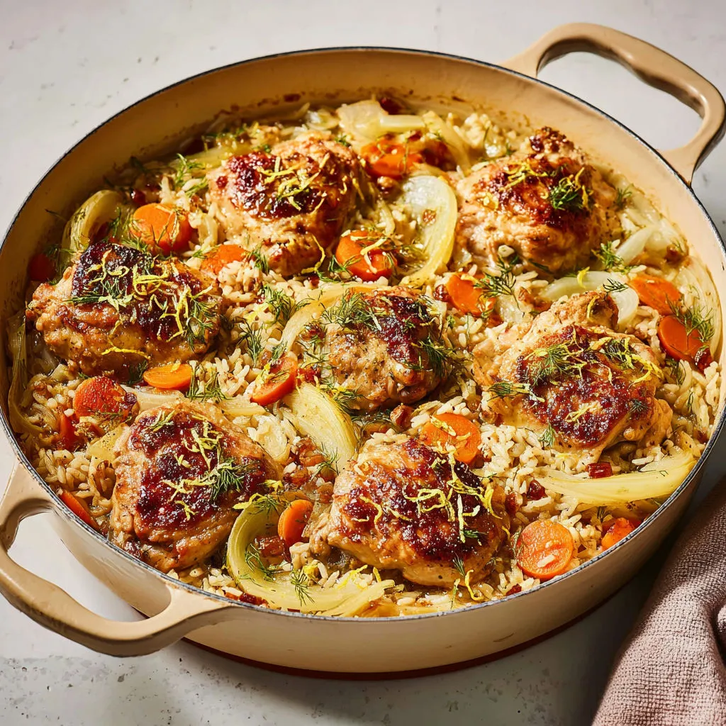 Gratin santé de poulet au riz complet, fenouil fondant et parmesan citron.