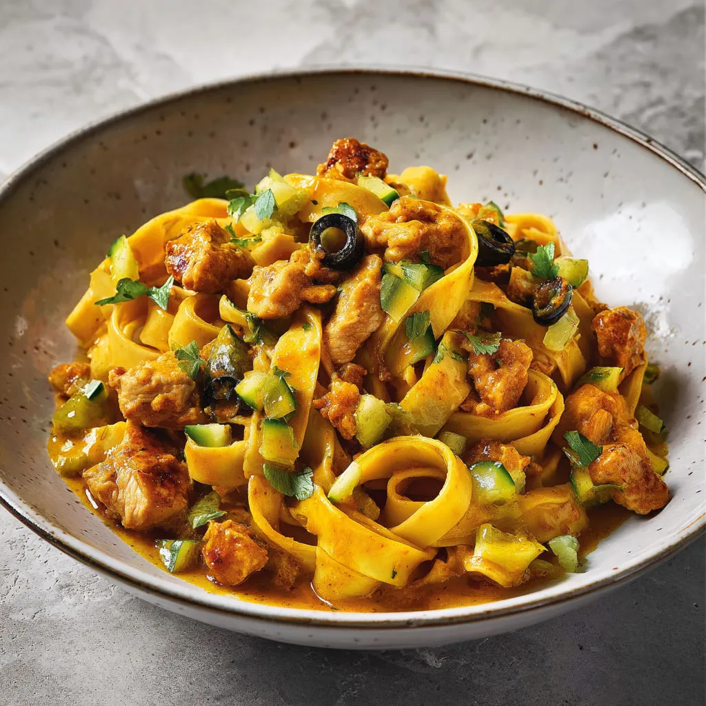 Un plat généreux de pâtes avec poulet, olives et citron confit.