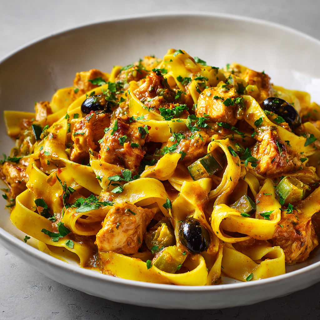 Tagliatelles méditerranéennes au poulet, olives, citron confit et herbes fraîches.