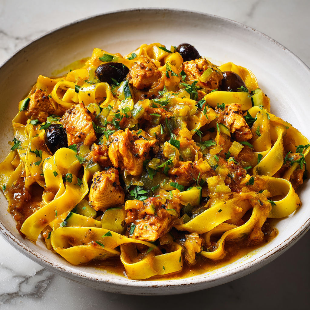 Pâtes au poulet épicé, olives et citron confit dans une sauce onctueuse bien parfumée.
