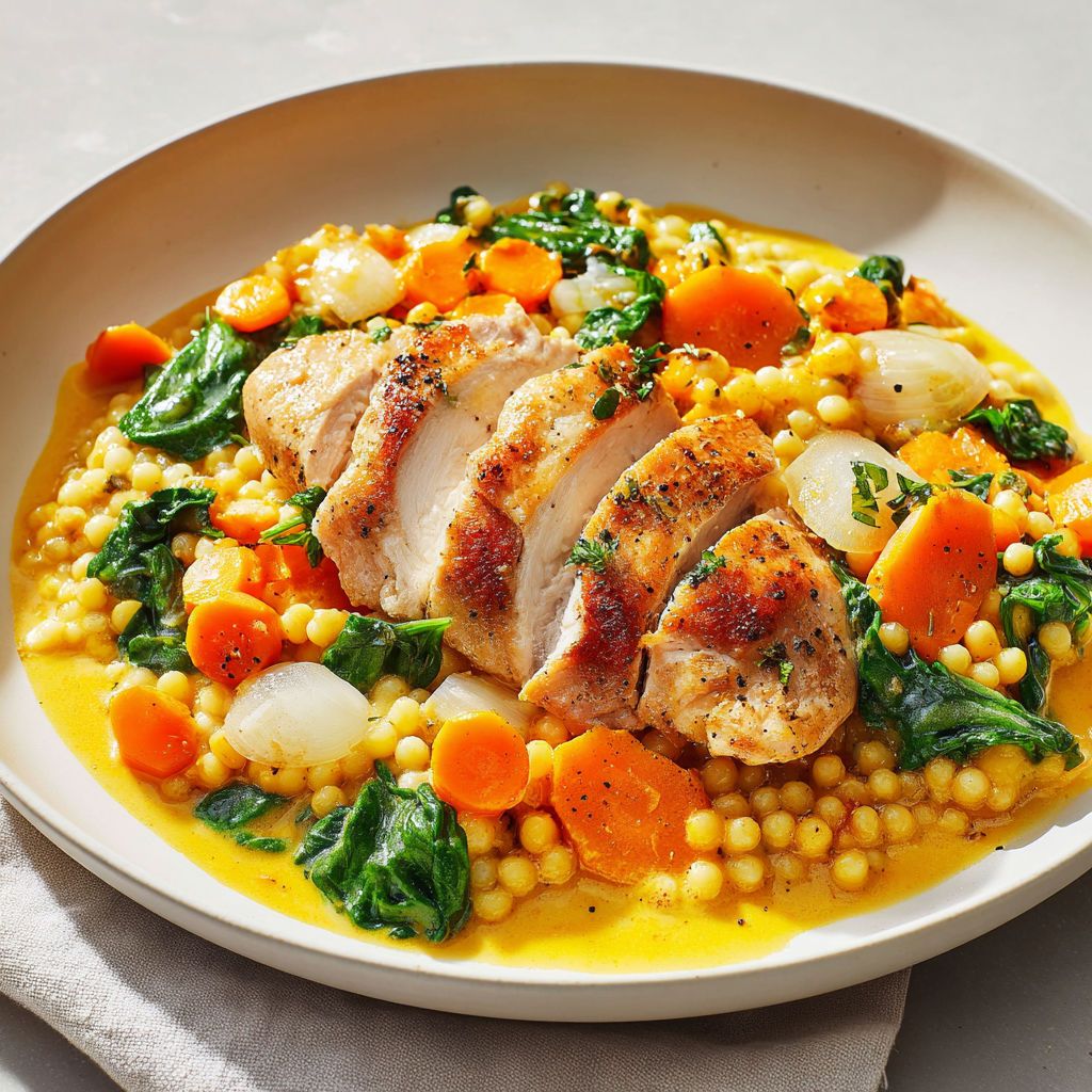 Poulet doré servi avec légumes et couscous crémeux.
