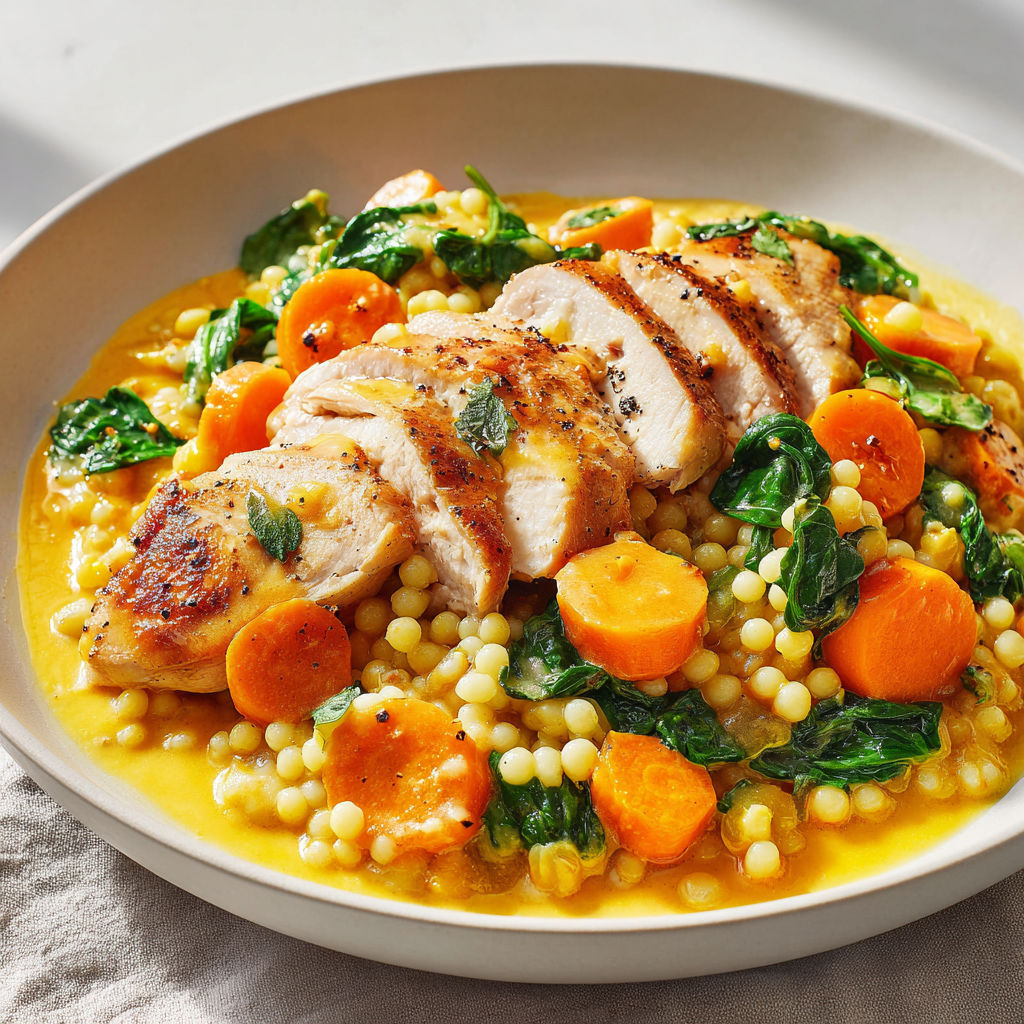 Escalopes de poulet dorées avec couscous perlé crémeux, carottes et parmesan.