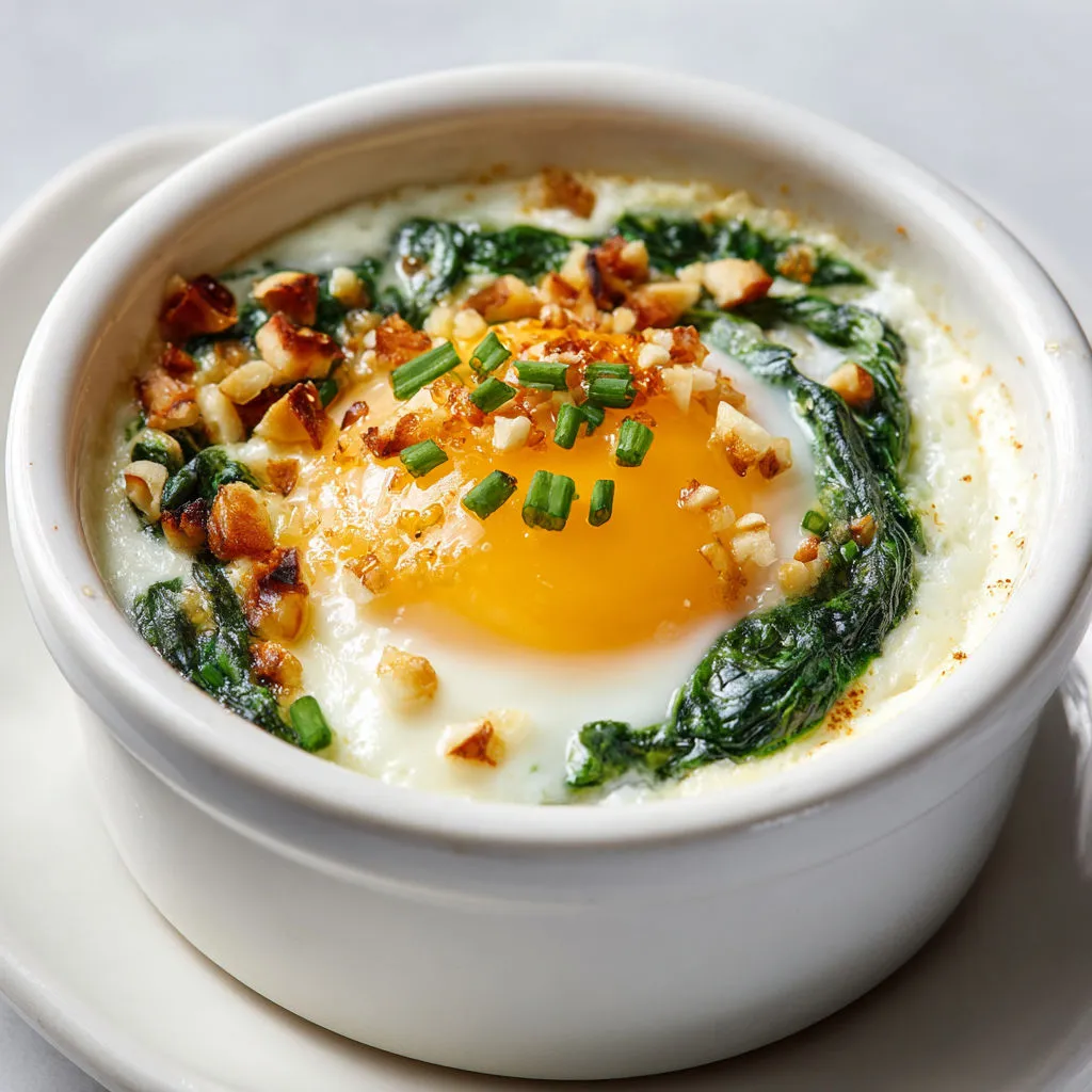 Petite cocotte d'œufs florentine avec sauce pilpil servie sur plateau.