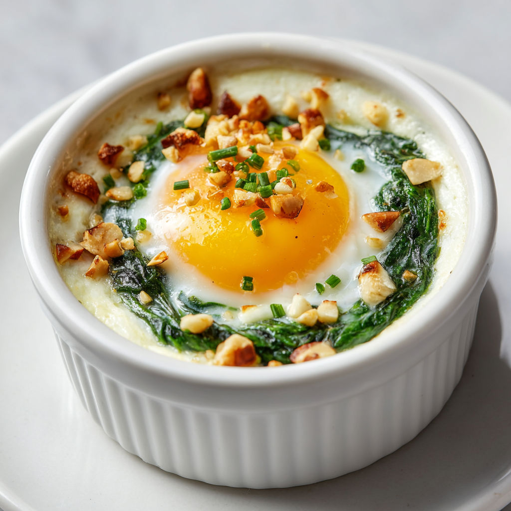 Œufs cocotte moelleux aux épinards, ricotta et semoule croustillante aux noisettes.