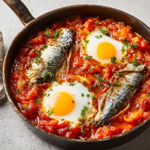 Un plat rapide de sardines et tomates prêt à déguster.