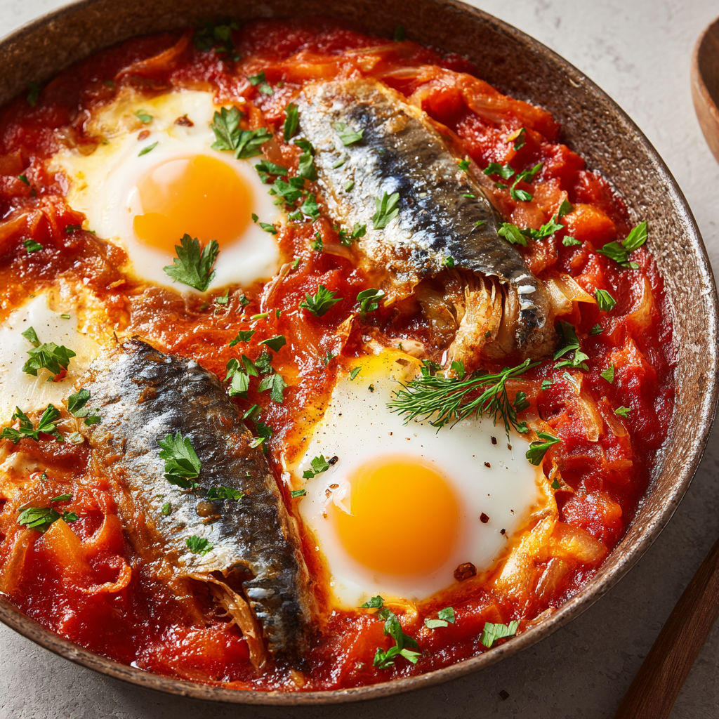Chakchouka express aux sardines, œufs coulants et sauce tomate relevée.