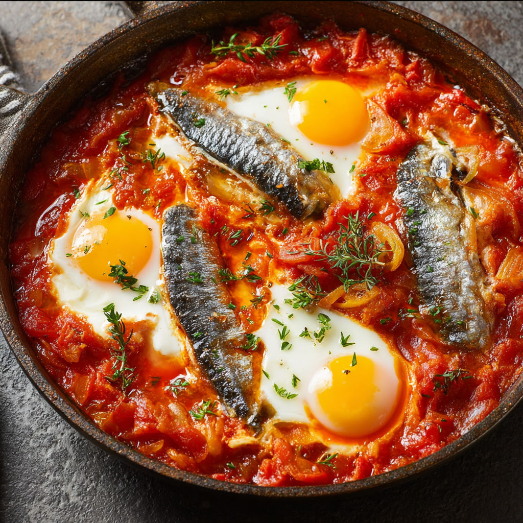 Chakchouka express avec sardines et œufs, sauce tomate à la paprika.