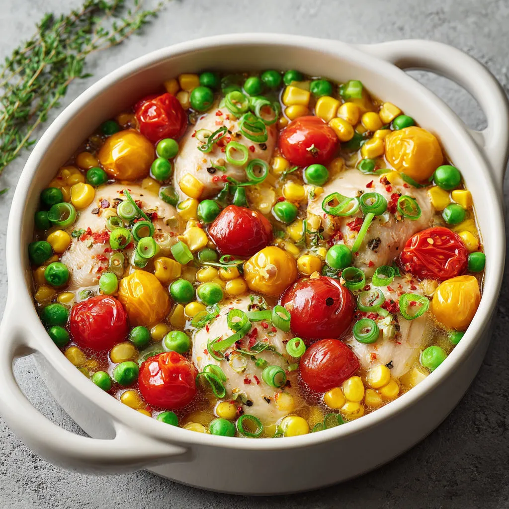 Poulet mijoté avec maïs, tomates et pois croquants.