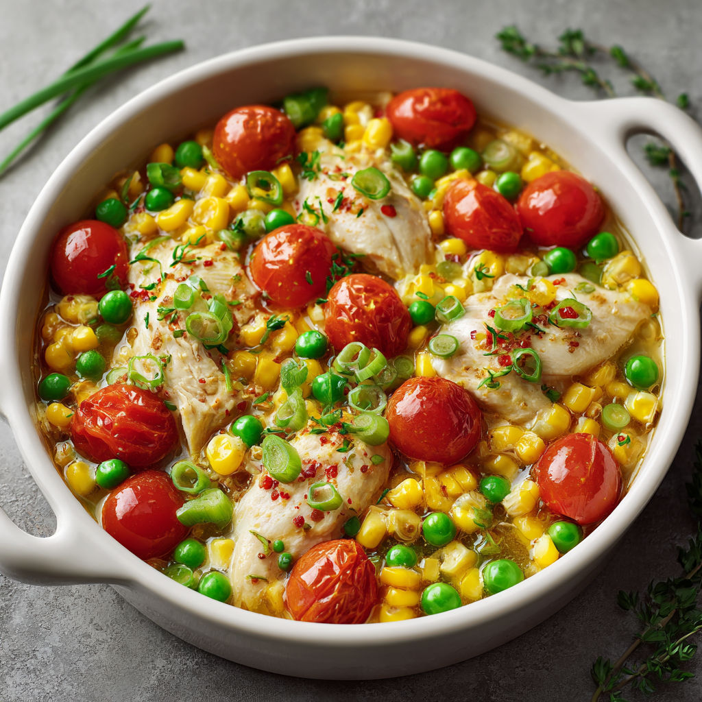 Poêlée de poulet aux grains de maïs, petits pois et tomates, sauce légère aux épices douces.
