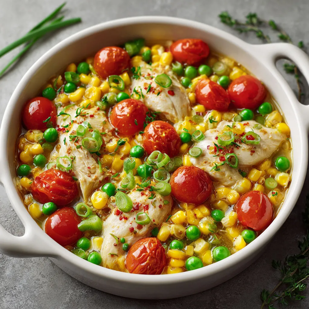 Poêlée de poulet aux grains de maïs, petits pois et tomates, sauce légère aux épices douces.