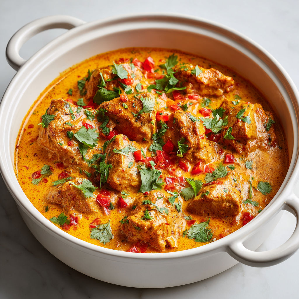 Un délicieux poulet mijoté au beurre avec épices, accompagné de légumes verts.