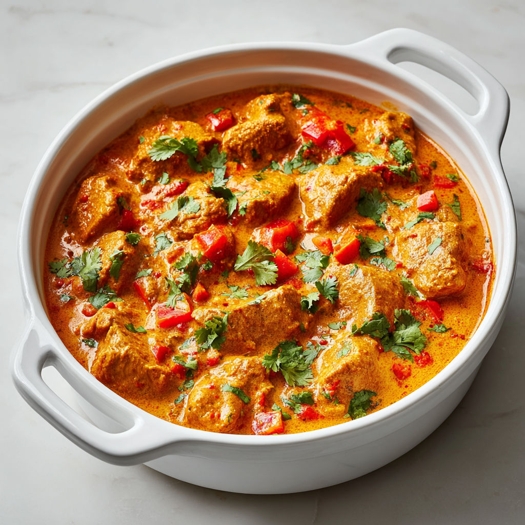Poulet mijoté doucement dans une sauce crème épicée façon butter chicken.