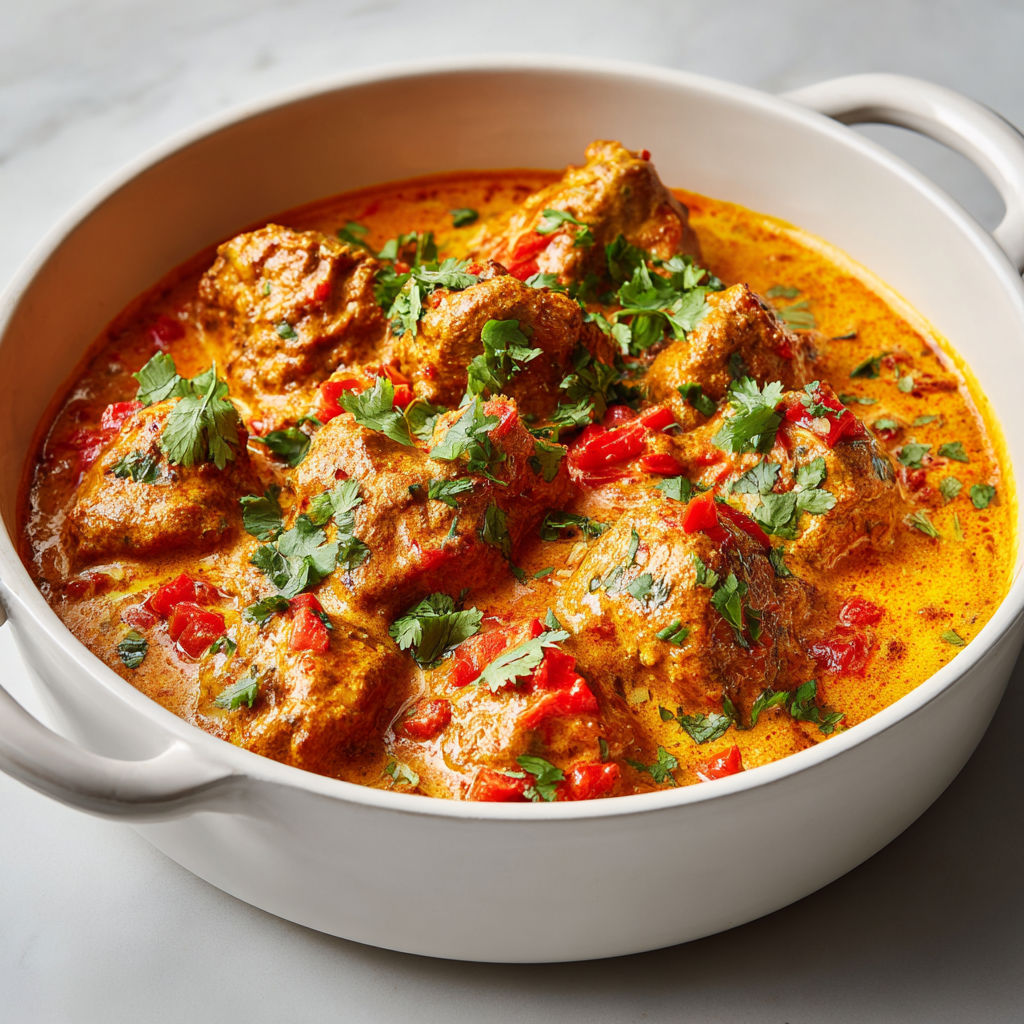 Poulet tout tendre mijoté façon butter chicken, sauce crème et yaourt épicé.