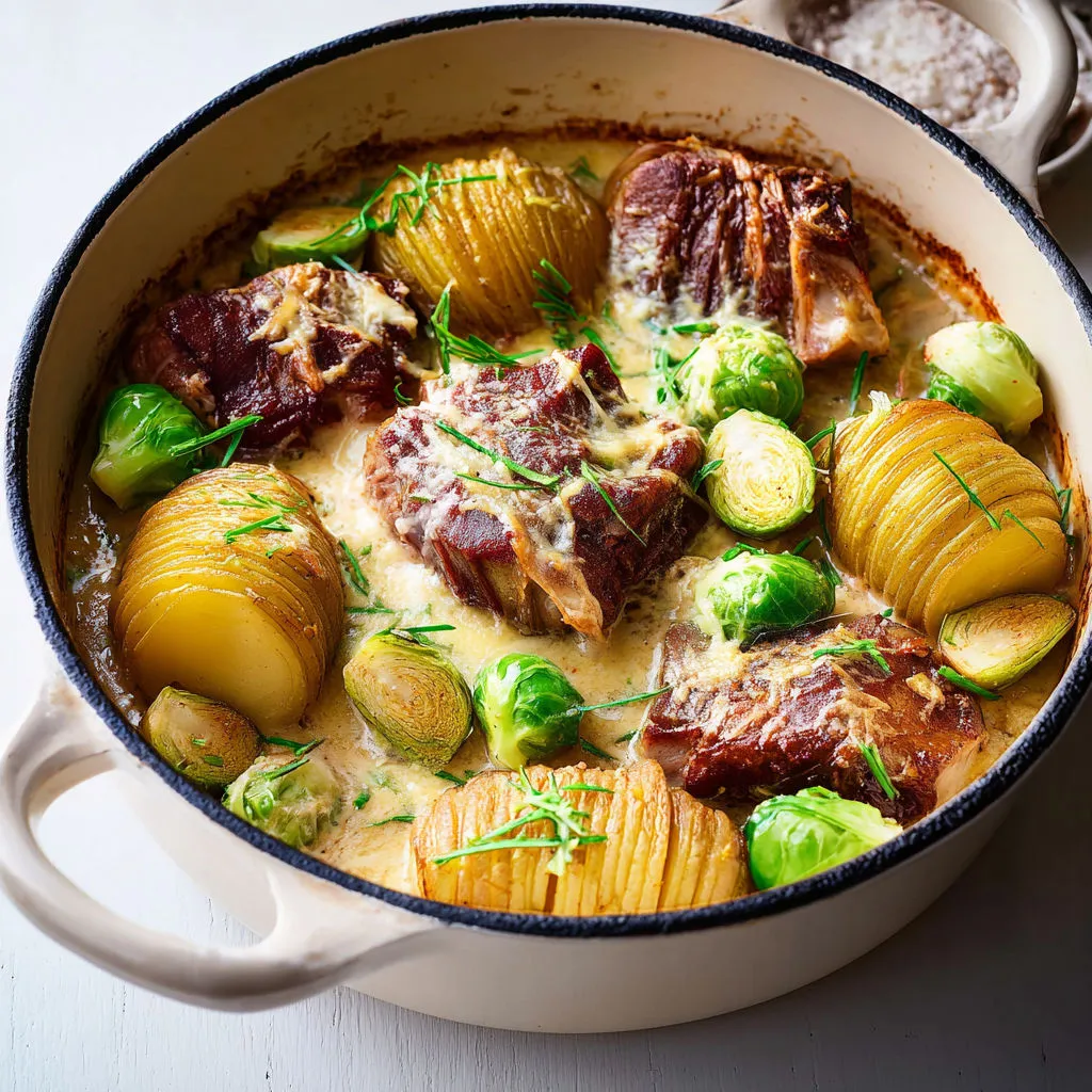 Plat de porc mijoté avec sauce et pommes de terre dorées.