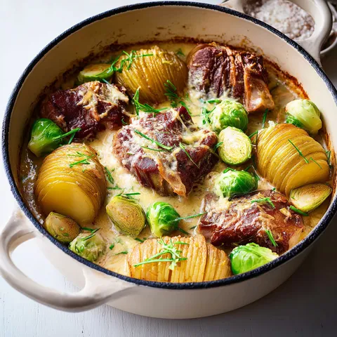 Plat de porc mijoté avec sauce et pommes de terre dorées.