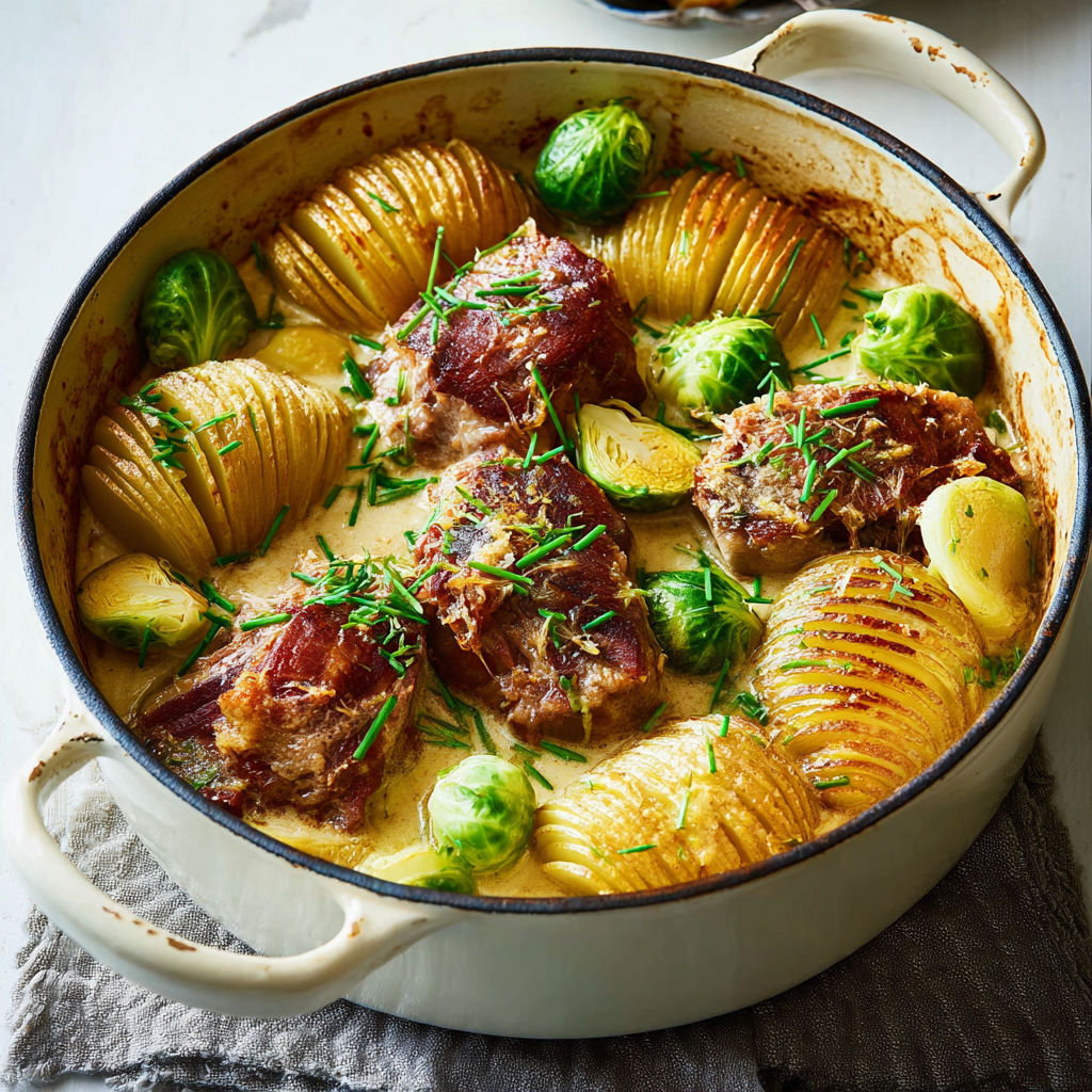 Porc mijoté à la crème avec pommes de terre suédoises dorées au four.