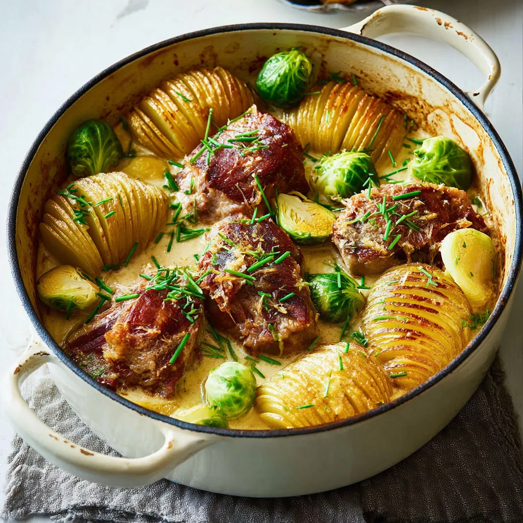 Porc mijoté à la crème avec pommes de terre suédoises dorées au four.