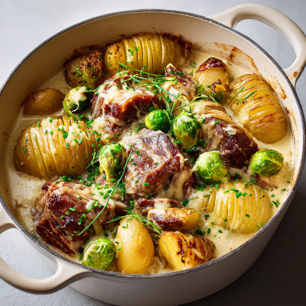Porc mijoté bien doré avec sauce crémeuse et pommes de terre suédoises dorées.