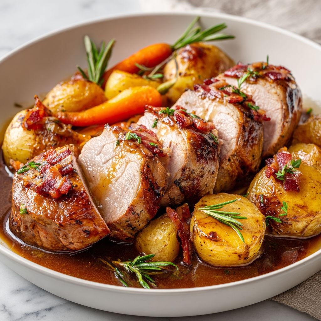 Porc laqué à l’érable, bacon ultra croustillant et sauce bien parfumée.