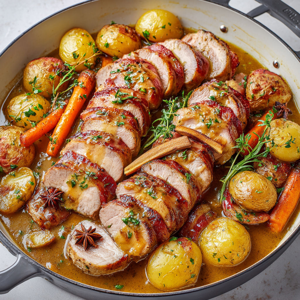 Porc tendre à l’érable, bacon gourmand, légumes dorés et touche d’anis.
