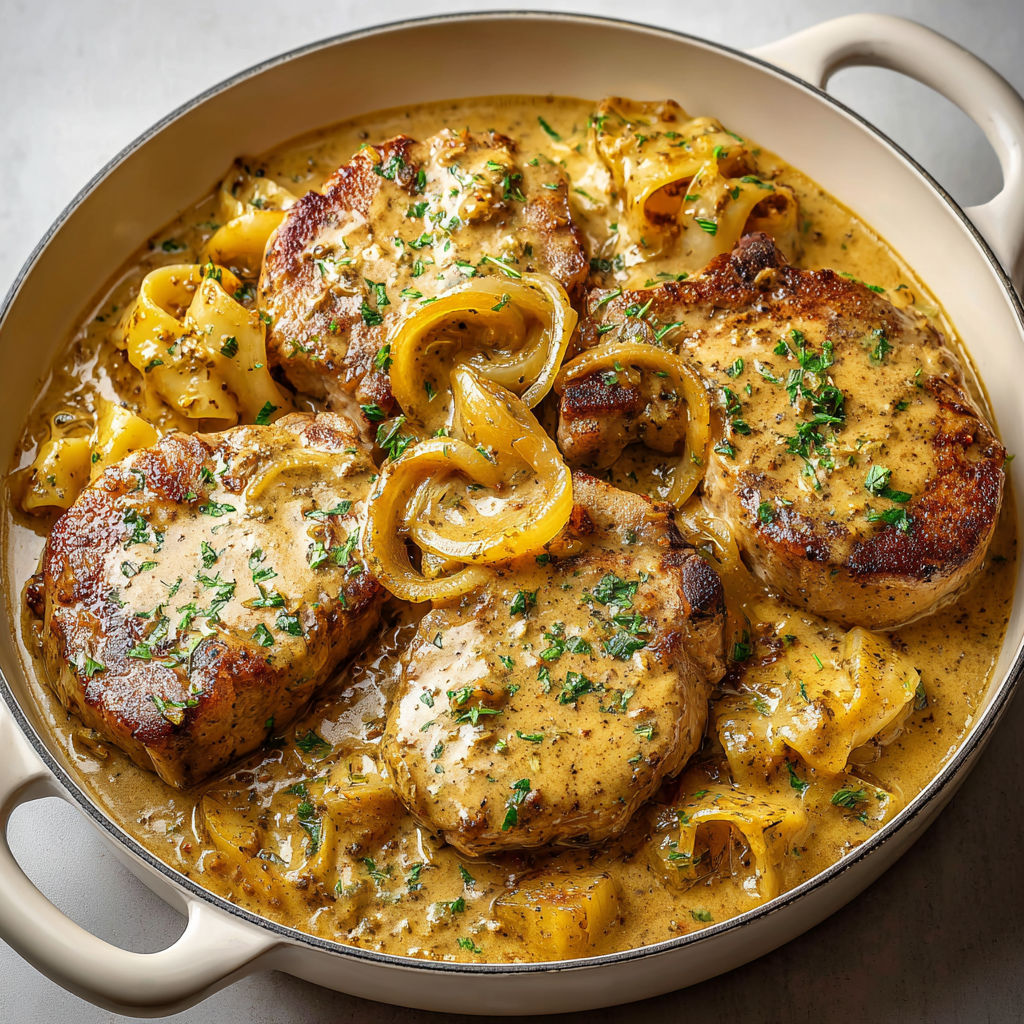 Un bol de côtelettes de porc tendrement mijotées avec une sauce à la moutarde.
