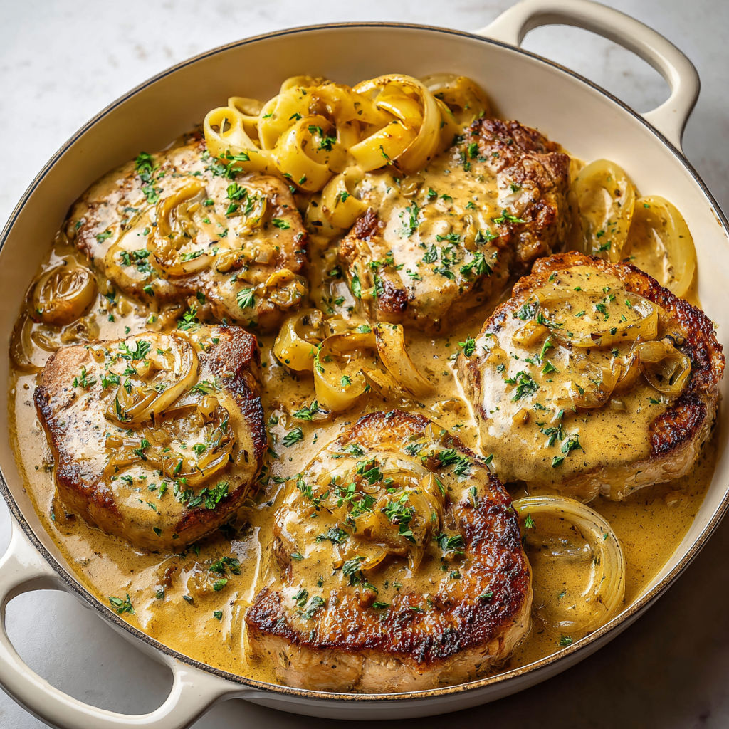 Plat mijoté de porc tendre à la moutarde et oignons.