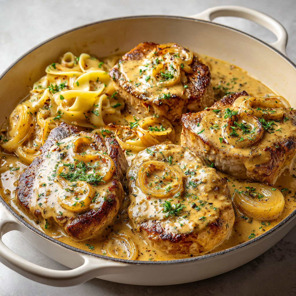 Porc doucement mijoté et sauce crémeuse moutarde rustique.