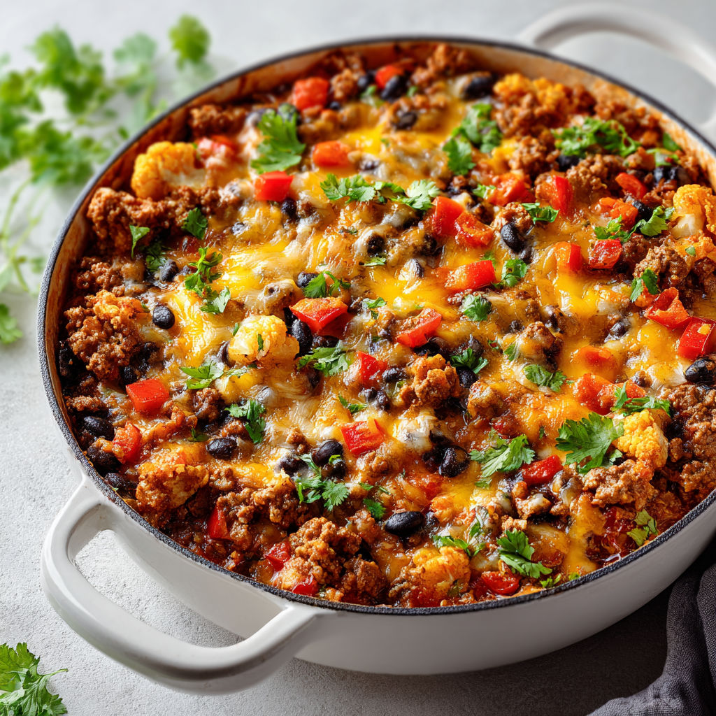 Porc gratiné aux haricots et cheddar prêt à être partagé.