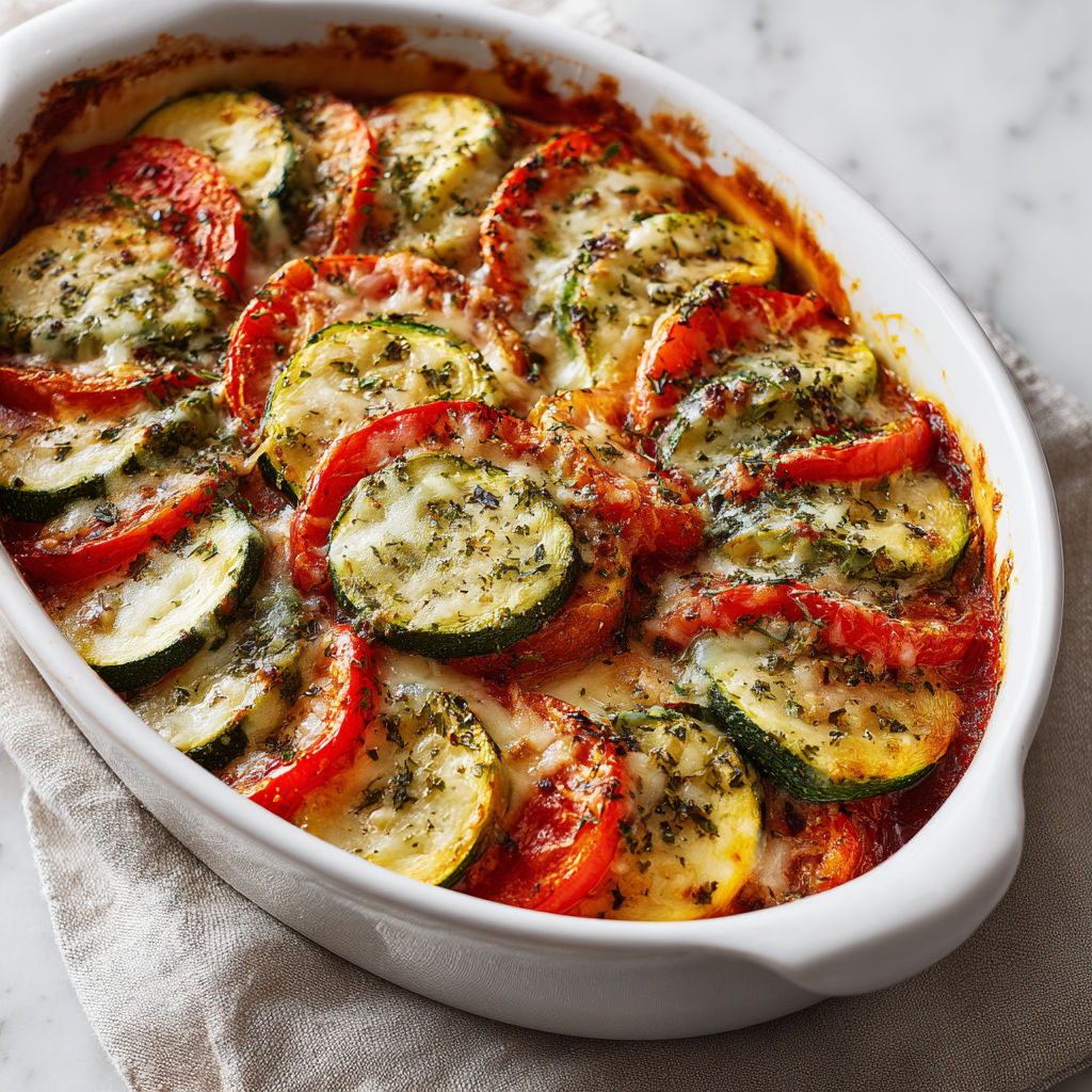 Plat convivial de courgettes fondantes à la tomate gratinée