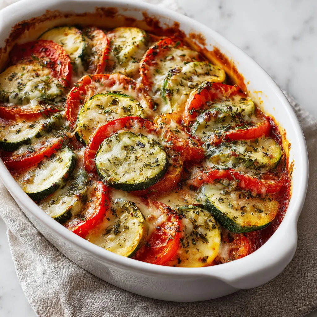 Plat convivial de courgettes fondantes à la tomate gratinée